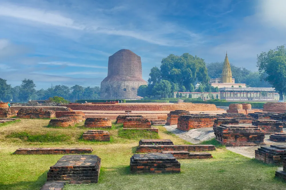 Sarnath Archaeological Site with Dahmek Stupa and Sri Digambar Jain Temple in the background