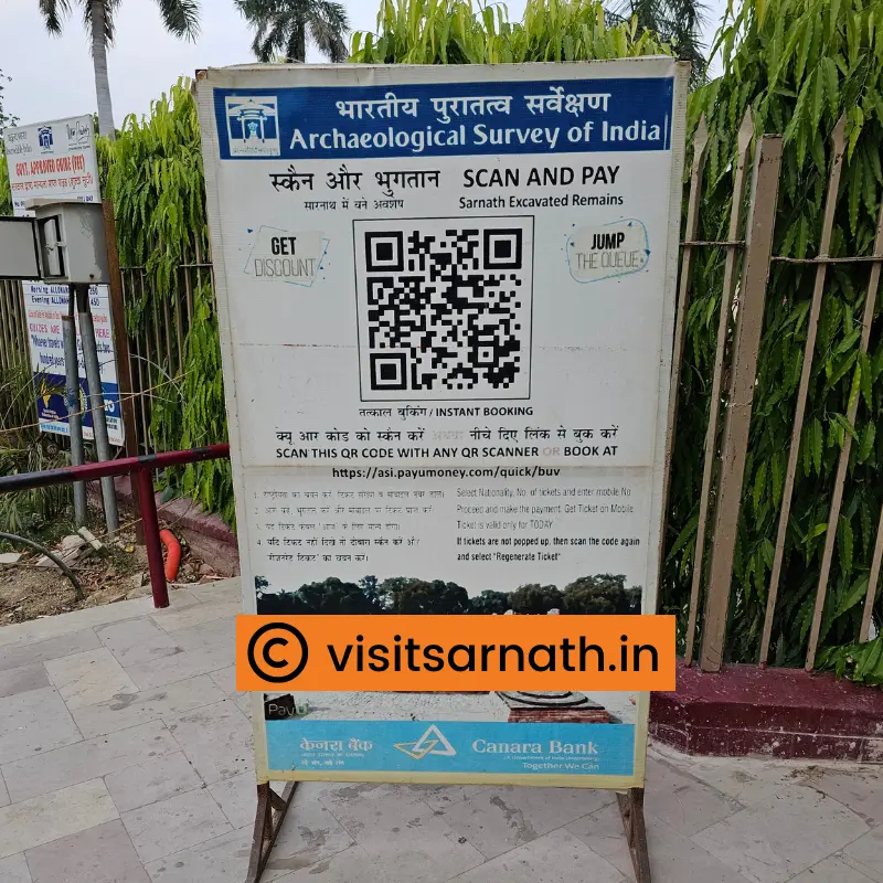 A board outside Sarnath excavation site that displays the QR code and link to purchase the tickets online for Sarnath museum