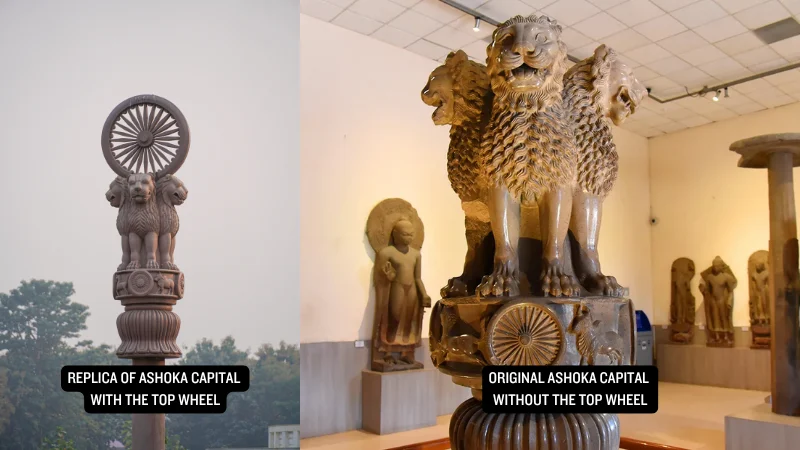 Sarnath's Ashoka Pillar replica that shows top wheel which is missing from the original