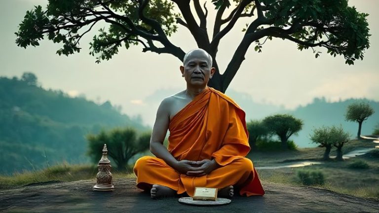 Buddhist monk sitting under a tree and meditating